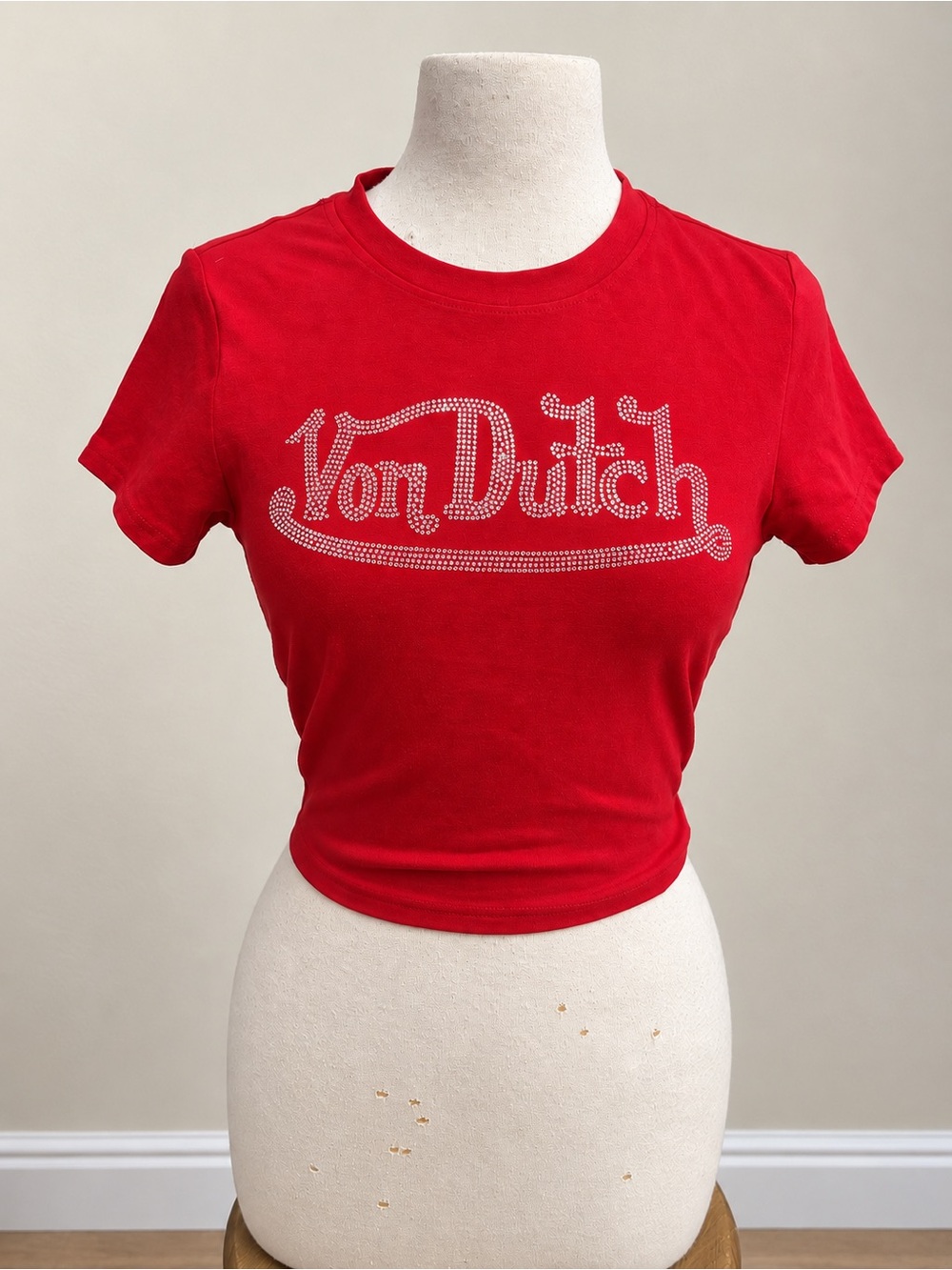 Von Dutch Red Rhinestone Logo Crop Top